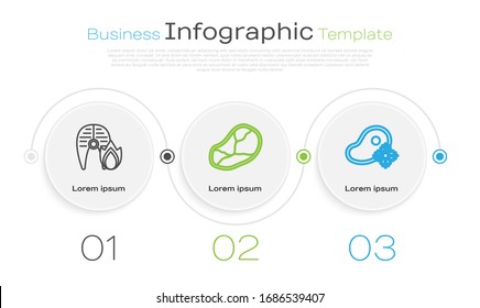 Set line Grilled fish steak and fire flame, Steak meat and Fresh frozen steak meat. Business infographic template. Vector