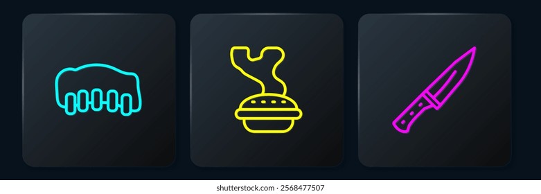 Set line Grilled pork bbq ribs, Meat chopper and Homemade pie. Black square button. Vector