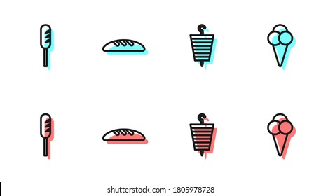 Set line Grilled shish kebab, Fried sausage, Bread loaf and Ice cream in waffle cone icon. Vector