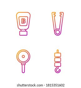 Set line Grilled shish kebab on skewer stick, Frying pan, Sauce bottle and Meat tongs. Gradient color icons. Vector