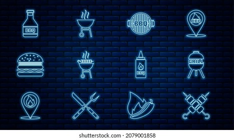 Set line Grilled shish kebab, Barbecue grill, grilled, Burger, Ketchup bottle,  and  icon. Vector