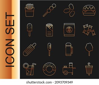 Set line Grilled shish kebab, Cotton candy, Candy, Chicken nuggets, Doner, Ice cream, Potatoes french fries in box and Hard bread chucks crackers icon. Vector