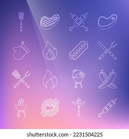 Set line Grilled shish kebab, Crossed hot chili pepper pod, fork and knife, Fire flame, Oven glove, Barbecue spatula and Hotdog sandwich icon. Vector