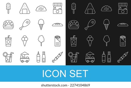 Fijar línea de kebab de shish a la parrilla, donador, pan de pan, taco con tortilla, pierna de pollo, hamburguesa, helado y en icono de cono de gofre. Vector