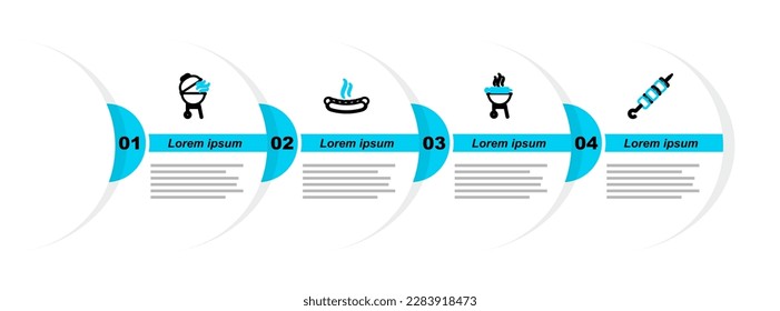 Set line Grilled shish kebab, Barbecue grilled, Hotdog sandwich and  icon. Vector
