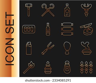 Set line Grilled shish kebab, Homemade pie, Steak meat and knife, Tabasco sauce, Beer bottle, Barbecue, Kitchen hammer and Sausage icon. Vector