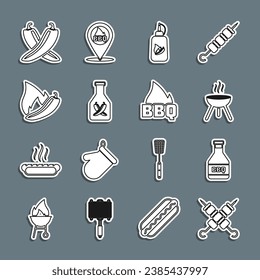 Set line Grilled shish kebab, Ketchup bottle, Barbecue grill, Hot chili pepper pod, Crossed hot and fire flame icon. Vector