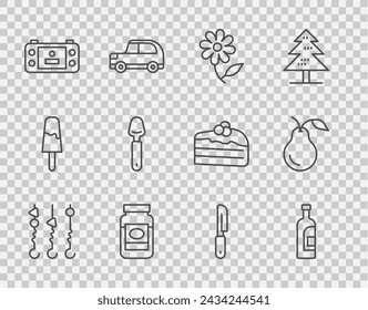 Set line Grilled shish kebab on skewer, Bottle of wine, Flower, Jam jar, Portable video game console, Spoon, Knife and Pear icon. Vector