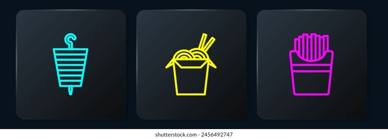 Set line Grilled shish kebab, Potatoes french fries in box and Asian noodles and chopsticks. Black square button. Vector