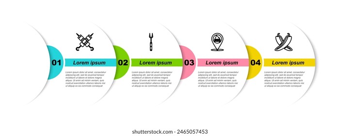 Set line Grilled shish kebab, Barbecue fork, Location with barbecue and Crossed hot chili pepper pod. Business infographic template. Vector