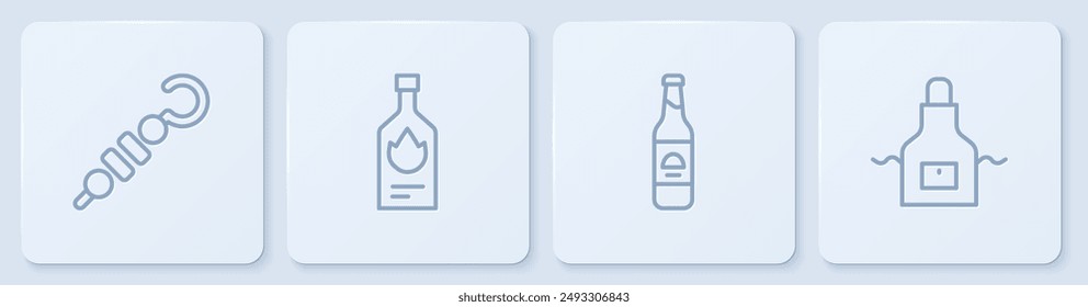 Set line Grilled shish kebab, Beer bottle, Tabasco sauce and Kitchen apron. White square button. Vector