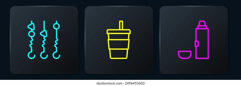 Set line Grilled shish kebab on skewer, Thermos container and Paper glass with water. Black square button. Vector