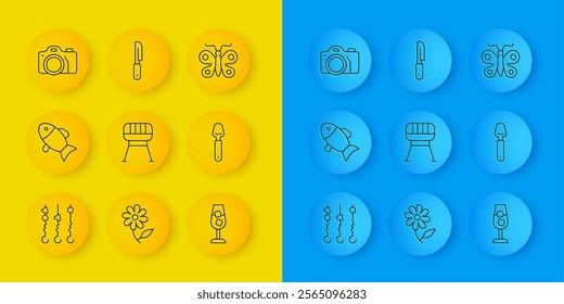 Set line Grilled shish kebab on skewer, Fish, Barbecue grill, Wine glass, Spoon, Photo camera, Butterfly and Knife icon. Vector