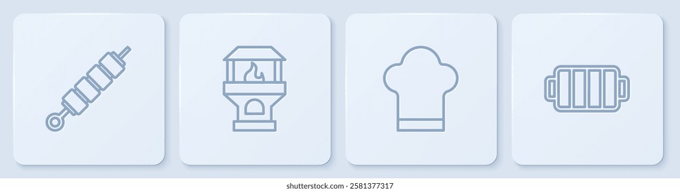 Set line Grilled shish kebab, Chef hat, Brick stove and Barbecue grill. White square button. Vector