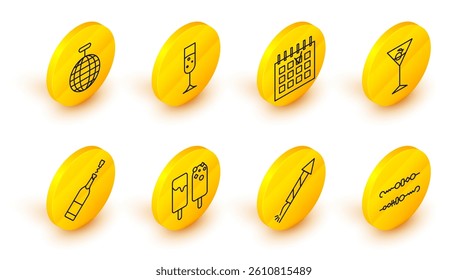 Set line Grilled shish kebab, Firework rocket, Ice cream, Champagne bottle, Martini glass, Detailed calendar, Glass of champagne and Disco ball icon. Vector