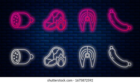 Set line Grilled steak meat and fire flame, Fish steak, Salami sausage and Sausage. Glowing neon icon on brick wall. Vector