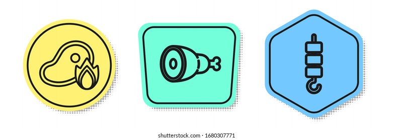 Set line Grilled steak meat and fire flame, Chicken leg and Grilled shish kebab on skewer stick. Colored shapes. Vector