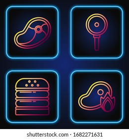 Set line Grilled steak meat and fire flame, Burger, Steak meat and Frying pan. Gradient color icons. Vector