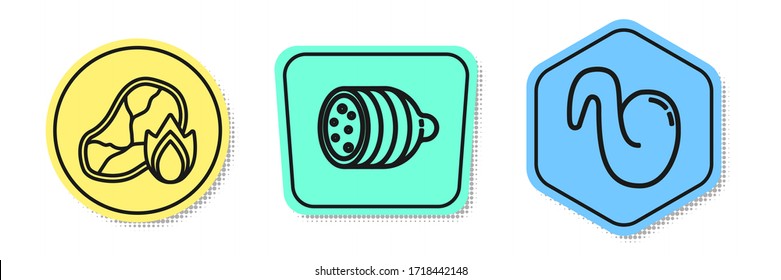 Set line Grilled steak meat and fire flame, Salami sausage and Fried chicken wing. Colored shapes. Vector