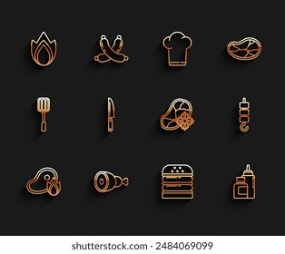 Set line Grilled steak meat and fire flame, Chicken leg, Fire, Burger, Sauce bottle, Knife, shish kebab on skewer stick and Fresh frozen icon. Vector