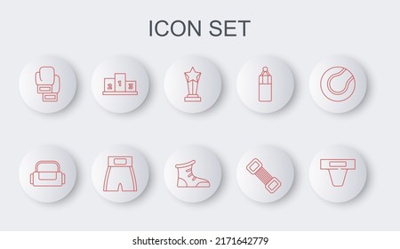 Set Line Groin Guard, Sport Bag, Award Cup, Chest Expander, Boxing Glove, Over Sports Winner Podium, Short And Boxing Shoes Icon. Vector