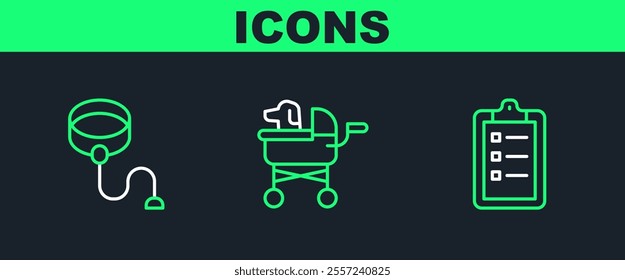 Set line Grooming salon price list, Retractable cord leash and Pet stroller icon. Vector