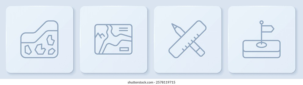 Set line Ground, Crossed ruler and pencil, Topographic map and Flag. White square button. Vector