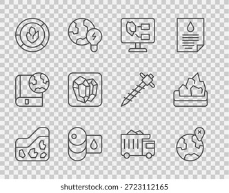 Tierra, Locación en el globo, análisis del suelo, barril, piedra preciosa, camión de volteo minero e ícono de minería de mineral. Vector