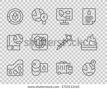 Set line Ground, Location on the globe, Soil analysis, Barrel, Gem stone, Mining dump truck and Ore mining icon. Vector