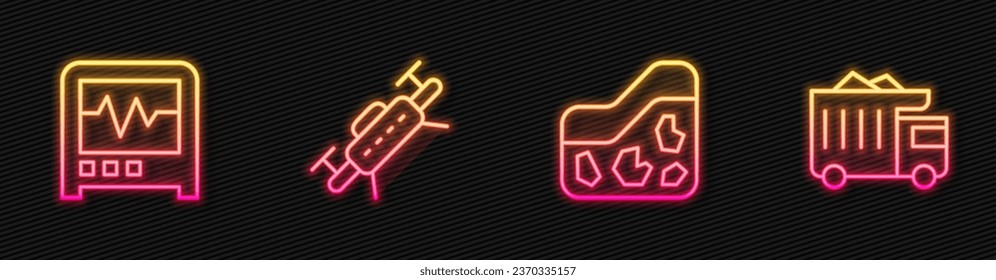 Set line Ground, Seismograph, Drone and Mining dump truck. Glowing neon icon. Vector