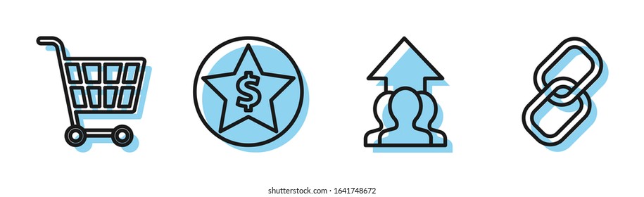 Set line Growth chart and progress in people crowd, Shopping cart, Star and dollar and Chain link icon. Vector