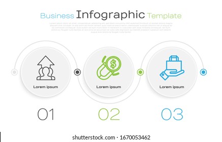 Set line Growth chart and progress in people crowd, Magnet with money and Hand and paper shopping bag. Business infographic template. Vector