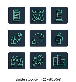 Set line Growth chart and progress, Megaphone, Award over winner podium, Business strategy, Human resources, Marketing target, Chat messages and Stage stand or tribune icon. Vector
