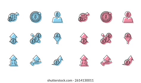 Set line Growth chart and progress in people crowd, Money on hand, Earth globe with dollar, Financial growth coin, Coin money, Lead management,  and Target symbol icon. Vector