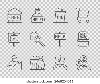 Set line Growth of homeless, Search for money, Trash can, Shelter, house, Donation food and Sleeping bag icon. Vector