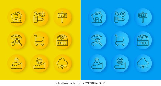 Set line Growth of homeless, Searching for food, Shopping cart, Cloud with rain, Donation, Ruined house, Ask help text and Reception glass bottles icon. Vector