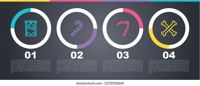 Set line Guillotine, Christmas candy cane, Scythe and Crossed bones. Business infographic template. Vector