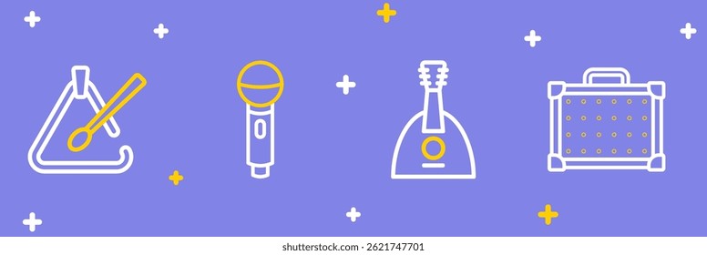 Set line Guitar amplifier, Balalaika, Microphone and Triangle musical instrument icon. Vector