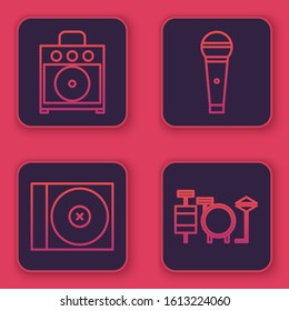 Set line Guitar amplifier, CD or DVD disk, Microphone and Drums. Blue square button. Vector