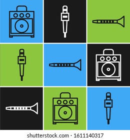 Set line Guitar amplifier, Clarinet and Microphone icon. Vector