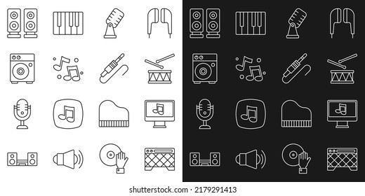 Set line Guitar amplifier, Computer with music note, Drum drum sticks, Microphone, Music tone, Stereo speaker and Audio jack icon. Vector