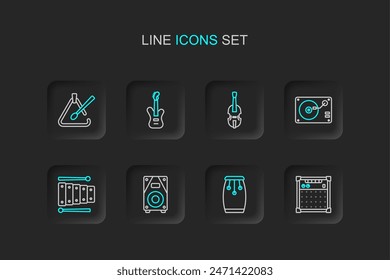 Set line Guitar amplifier, Conga drums, Stereo speaker, Xylophone, Vinyl player with vinyl disk, Violin, Electric bass guitar and Triangle musical instrument icon. Vector