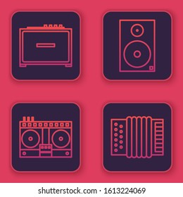 Set line Guitar amplifier, DJ remote for playing and mixing music, Stereo speaker and Musical instrument accordion. Blue square button. Vector