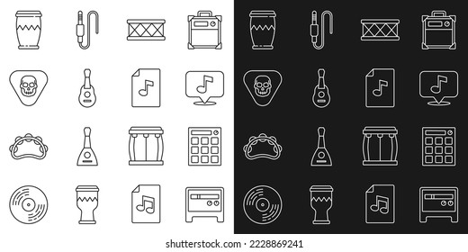 Set line Guitar amplifier, Drum machine, Musical note, pick,  and book with icon. Vector