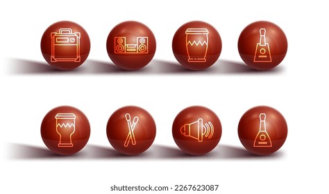 Set line Guitar amplifier, Drum, Balalaika, Speaker volume, sticks, Home stereo,  and  icon. Vector