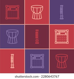 Fijar línea amplificador de guitarra, flauta e ícono de tambor de darbuka africano. Vector