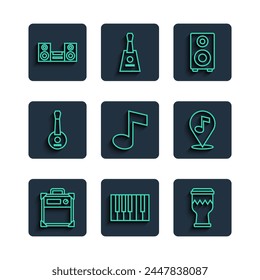 Set line Guitar amplifier, Grand piano, Drum, Stereo speaker, Music note, tone, Banjo, Home stereo and Location musical icon. Vector