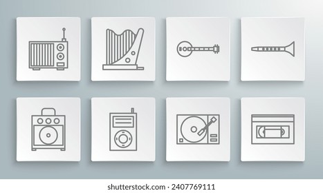 Set line Guitar amplifier, Harp, Music MP3 player, Vinyl with vinyl disk, VHS video cassette tape, Banjo, Clarinet and Radio antenna icon. Vector