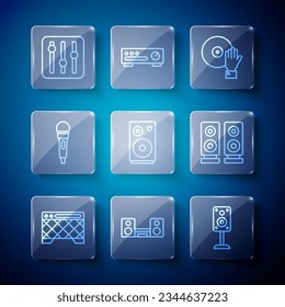 Set line Guitar amplifier, Home stereo with two speakers, Stereo, DJ playing music, Microphone, Sound mixer controller and  icon. Vector