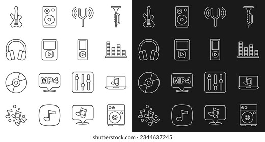 Set line Guitar amplifier, Laptop with music, Music equalizer, Musical tuning fork, player, Headphones, Electric bass guitar and  icon. Vector